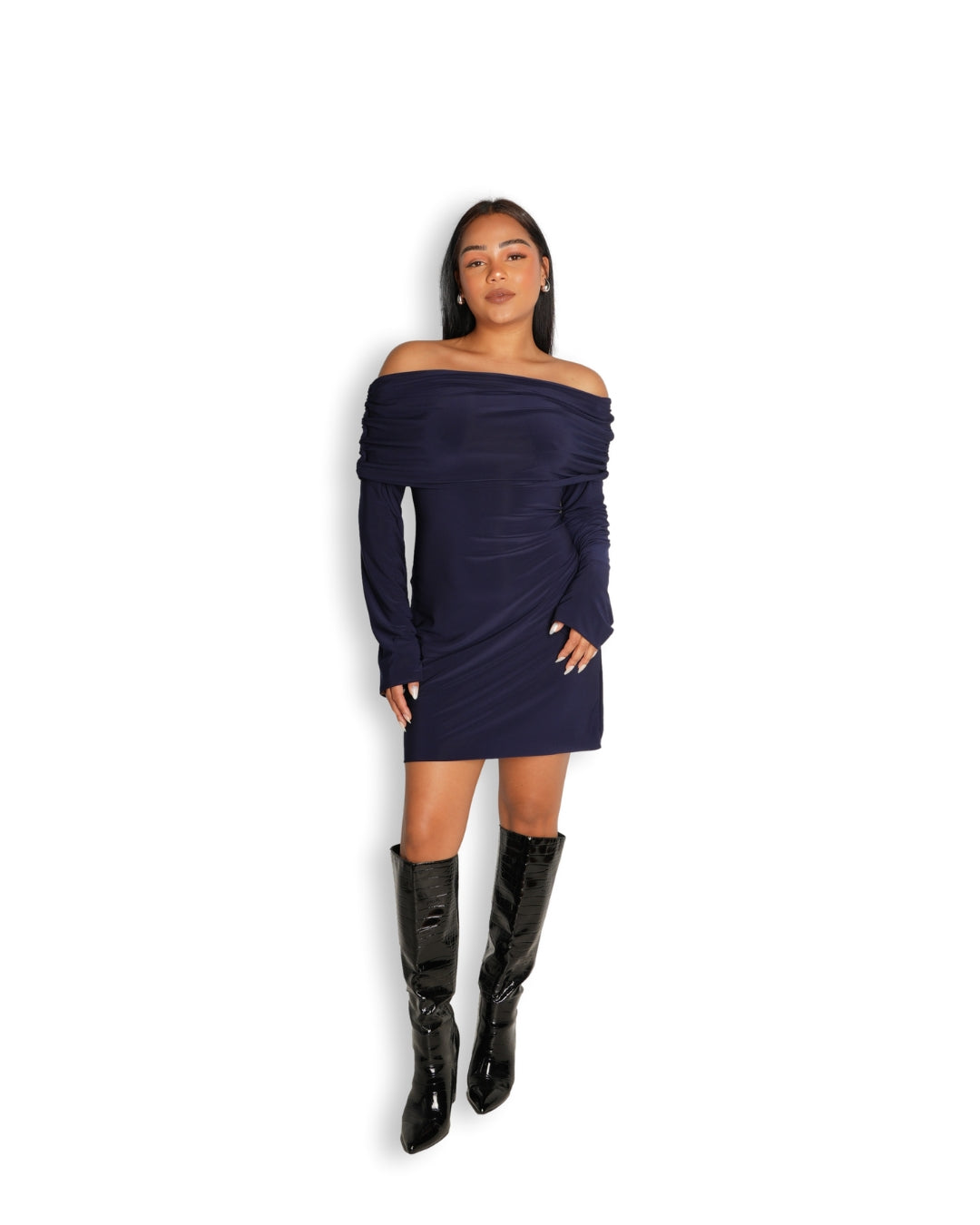 S | Navy Blue Mini Bardot Sculpted Dress