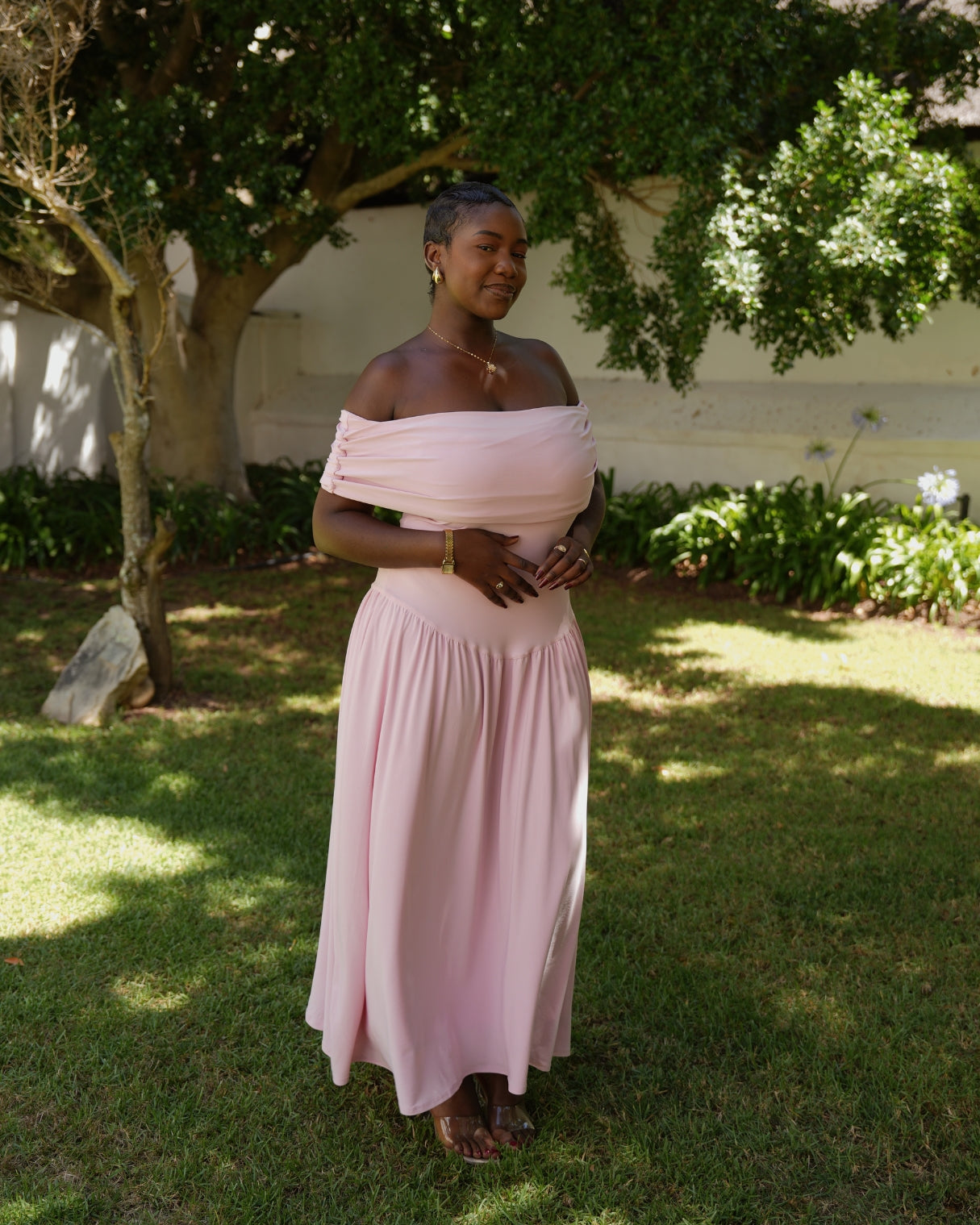 S | Baby Pink Off-Shoulder Drop Waist Dress