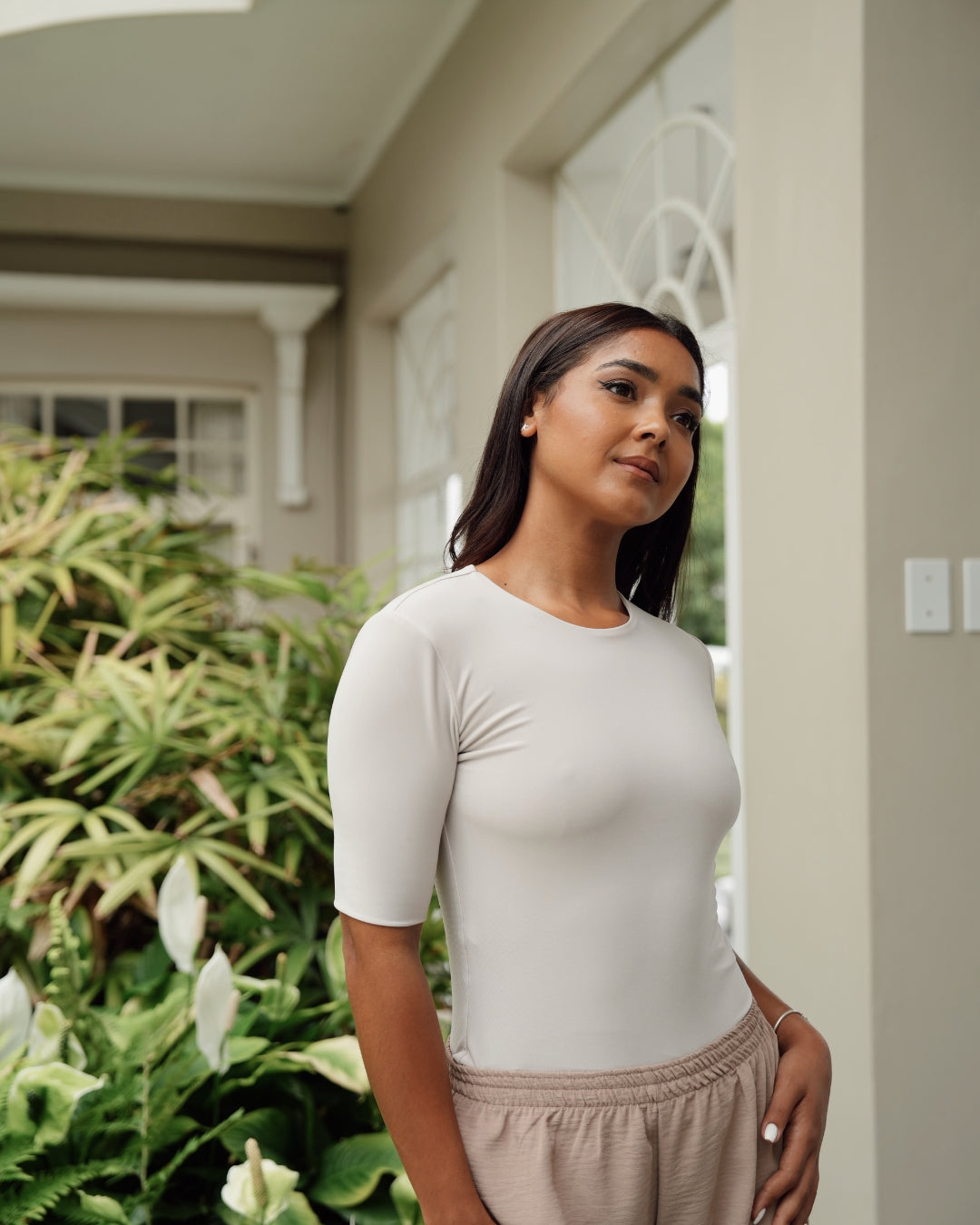 Tan T-shirt with Midi Sleeve