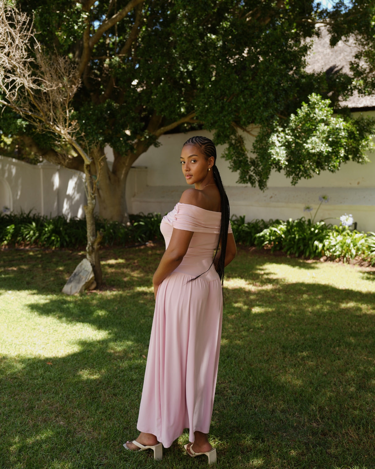 S | Baby Pink Off-Shoulder Drop Waist Dress