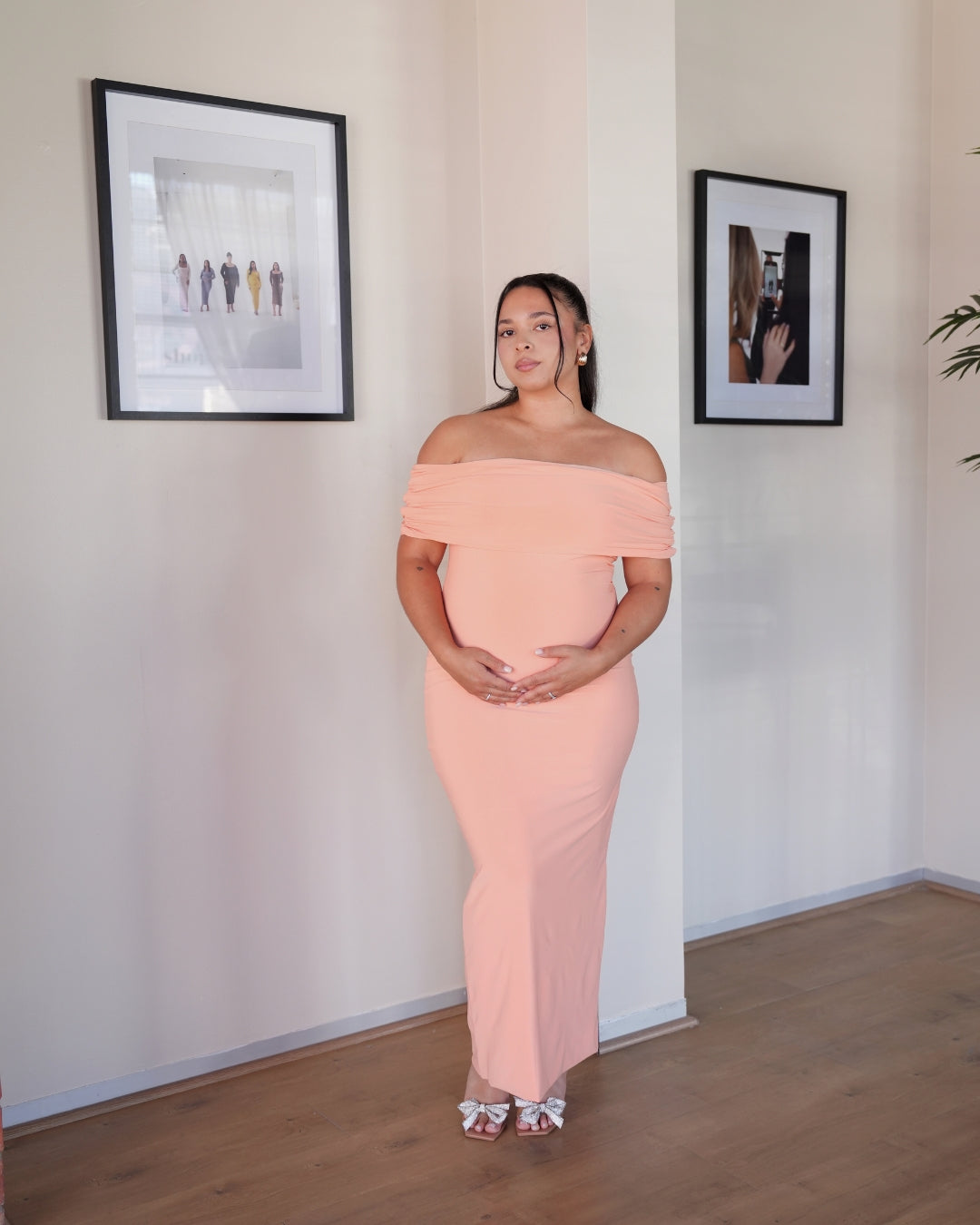 S | Peach Off-shoulder Bardot Sculpted Dress