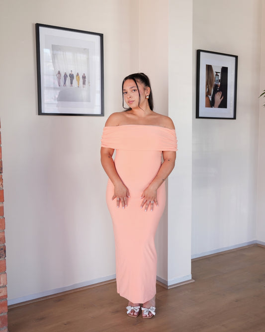 S | Peach Off-shoulder Bardot Sculpted Dress