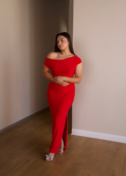 Small: Red Cowl-Neck Dress with Slit