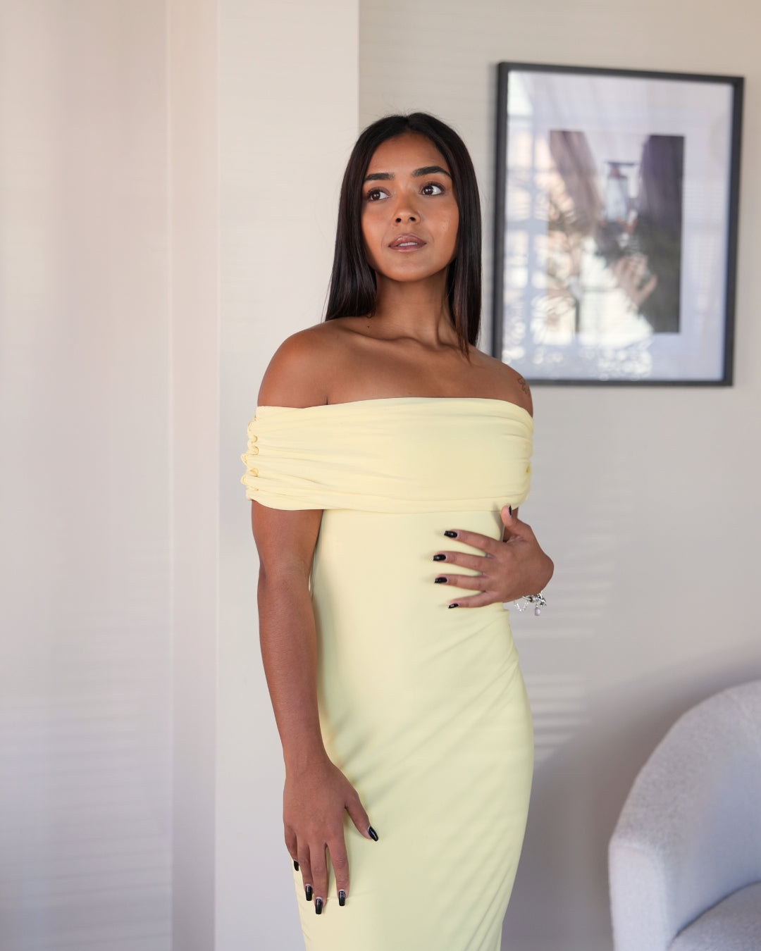 Pastel Yellow Off-shoulder Bardot Sculpted Dress