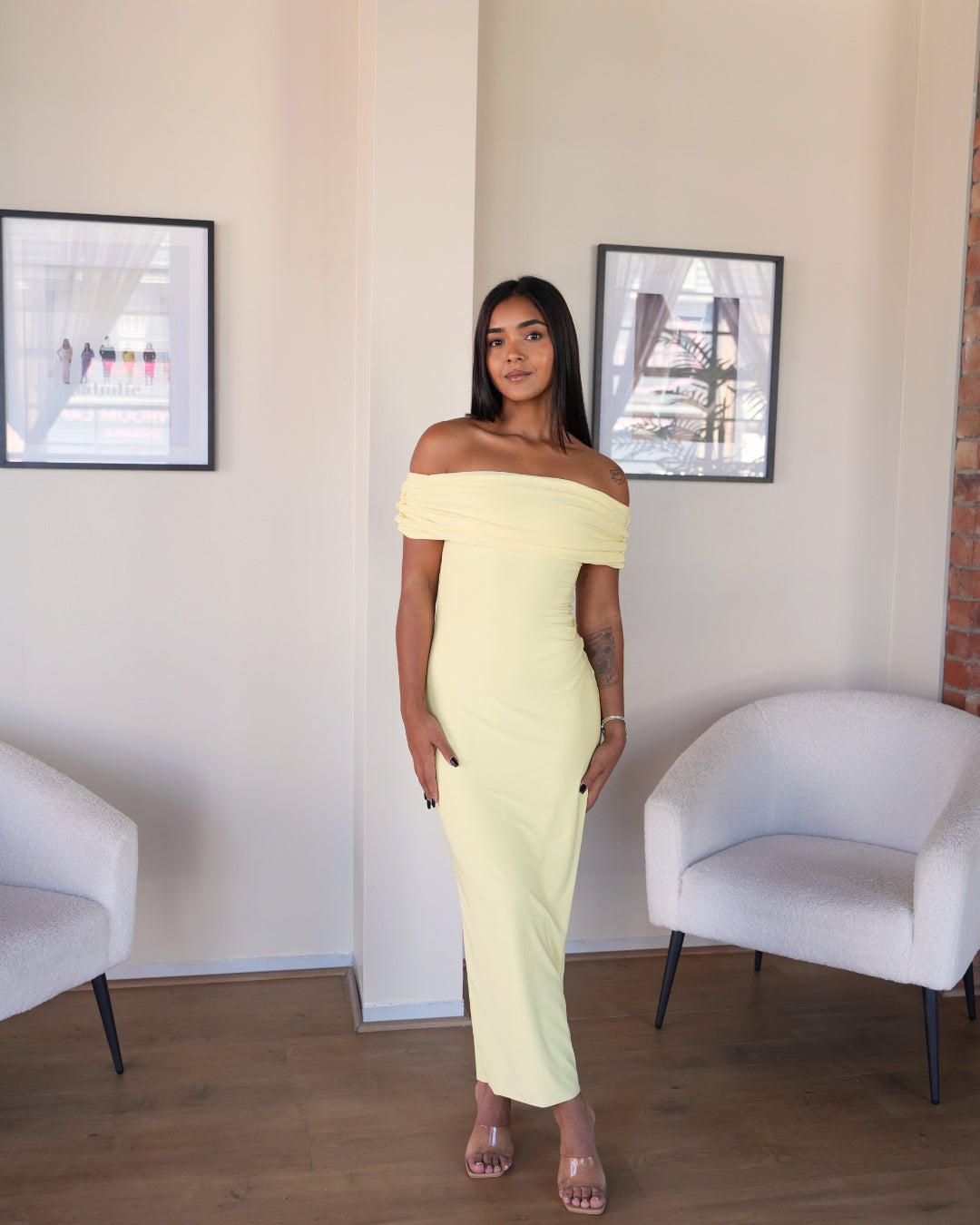 Pastel Yellow Off-shoulder Bardot Sculpted Dress