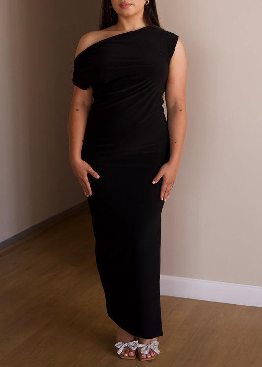 Small: Black Cowl-Neck Dress with Slit