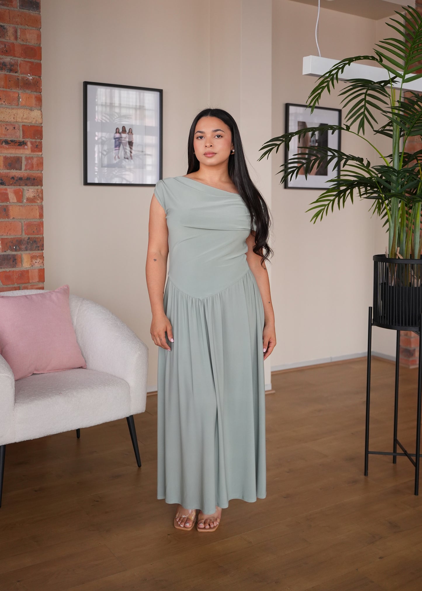 S | Mint Cowl Neck Drop Waist Midi Dress