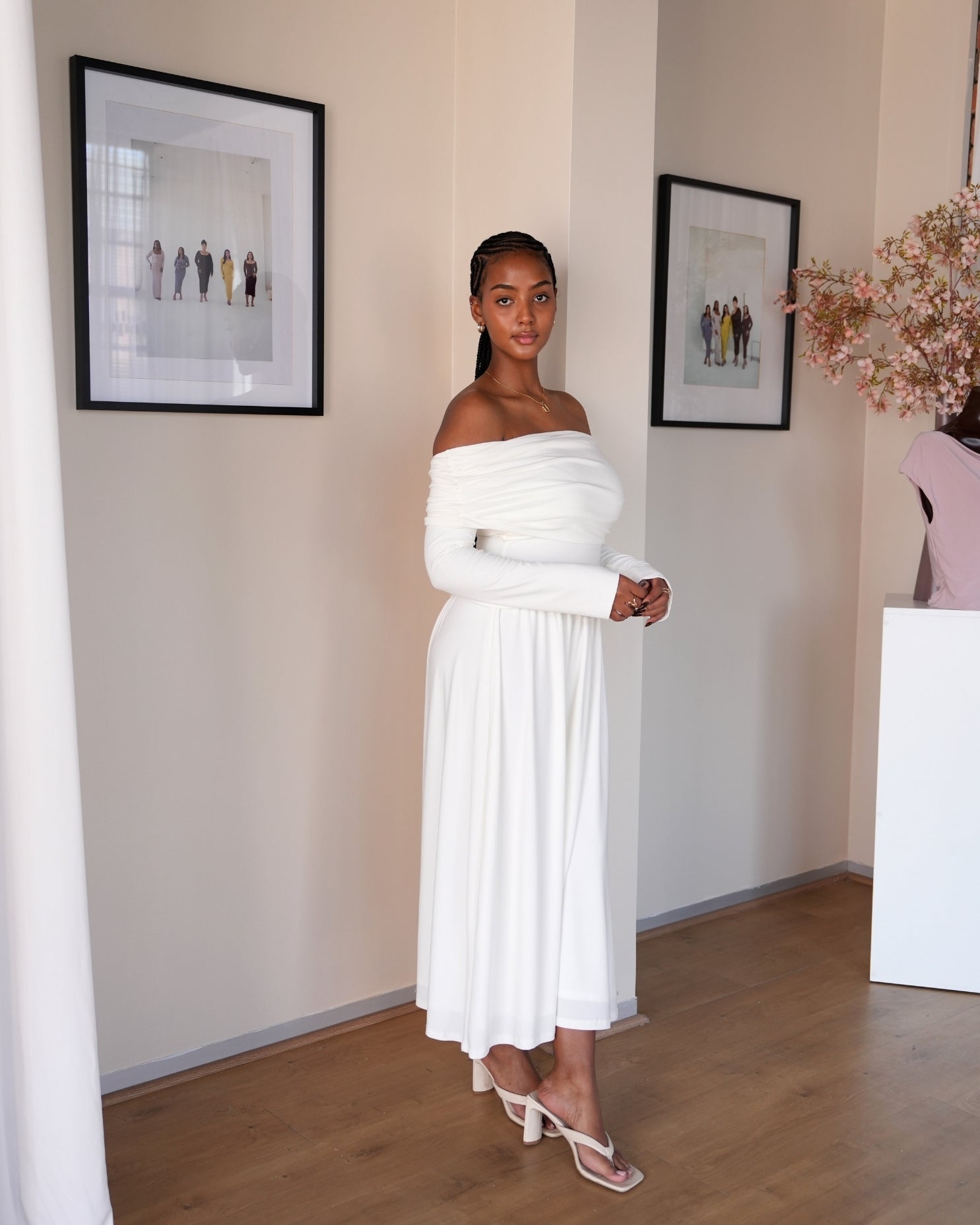 Cream Long Sleeved Off-Shoulder Drop Waist Dress The Shopaholic Cream Long Sleeved Off-Shoulder Drop Waist Dress The Shopaholic