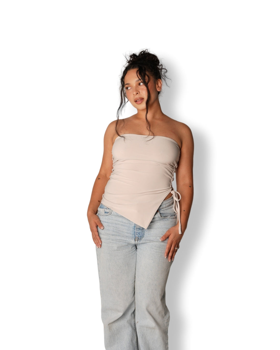 Tan Strapless Top with Side Slit