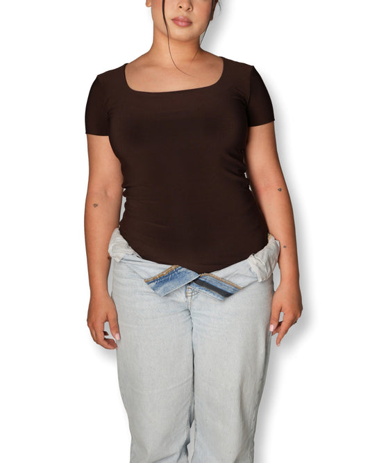 S | Chocolate Brown Square Neck T-shirt