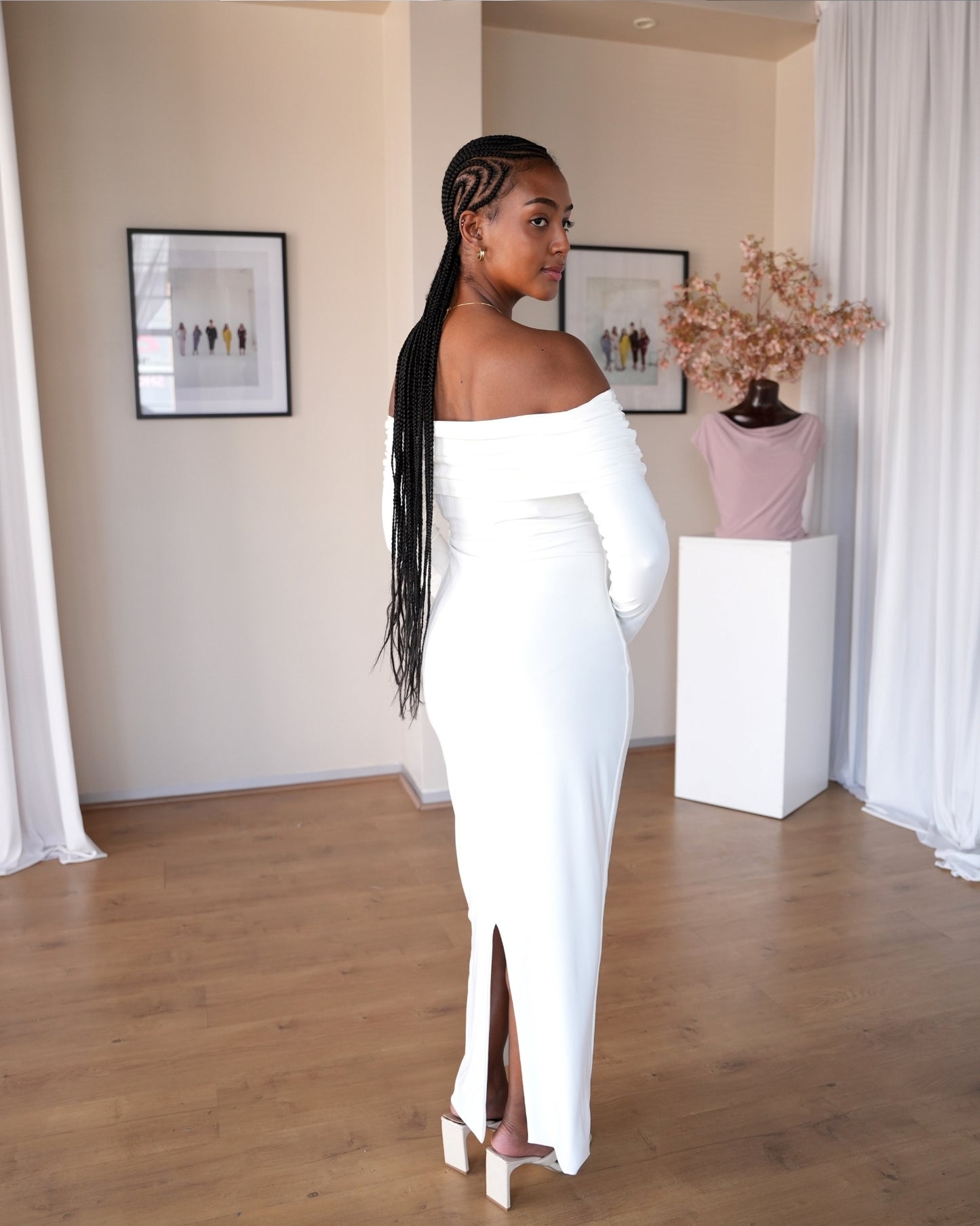 L | Cream Bardot Sculpted Dress with Long Sleeves