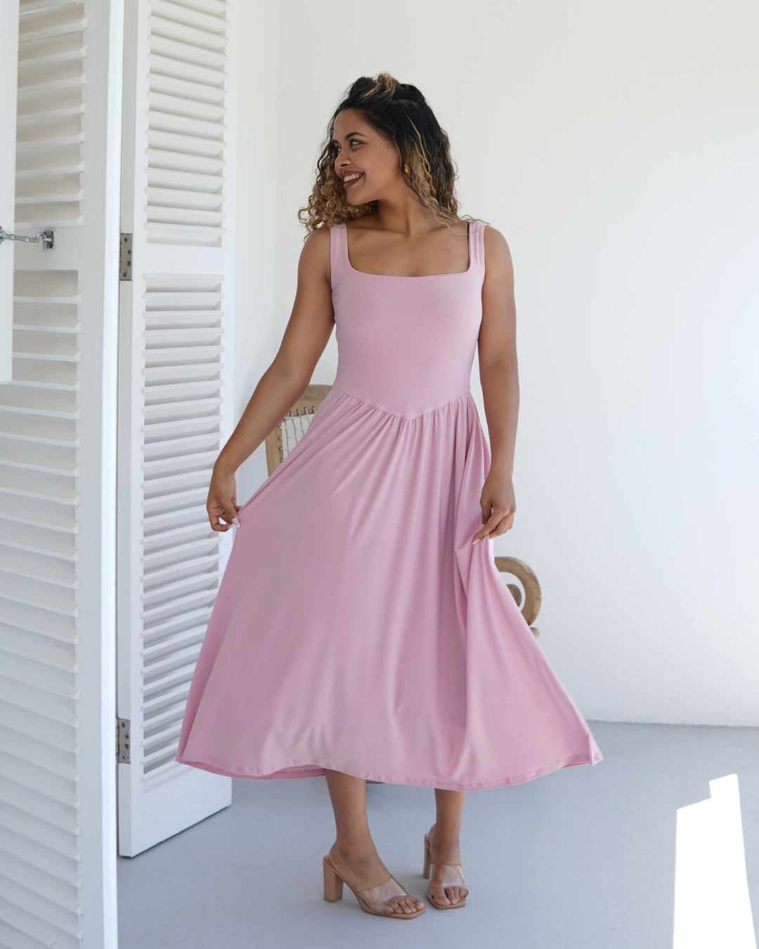 Baby Pink Tank-Style Drop Waist Midi Dress The Shopaholic Baby Pink Tank-Style Drop Waist Midi Dress The Shopaholic