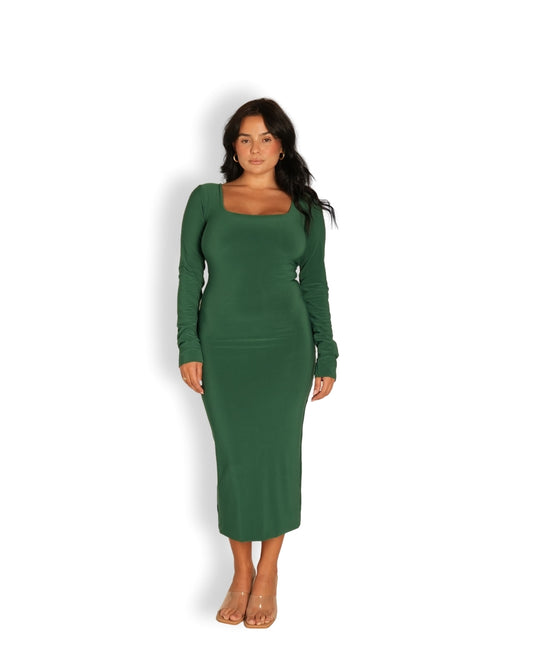 L | Deep Green Long-sleeved Sculpted Dress: Short