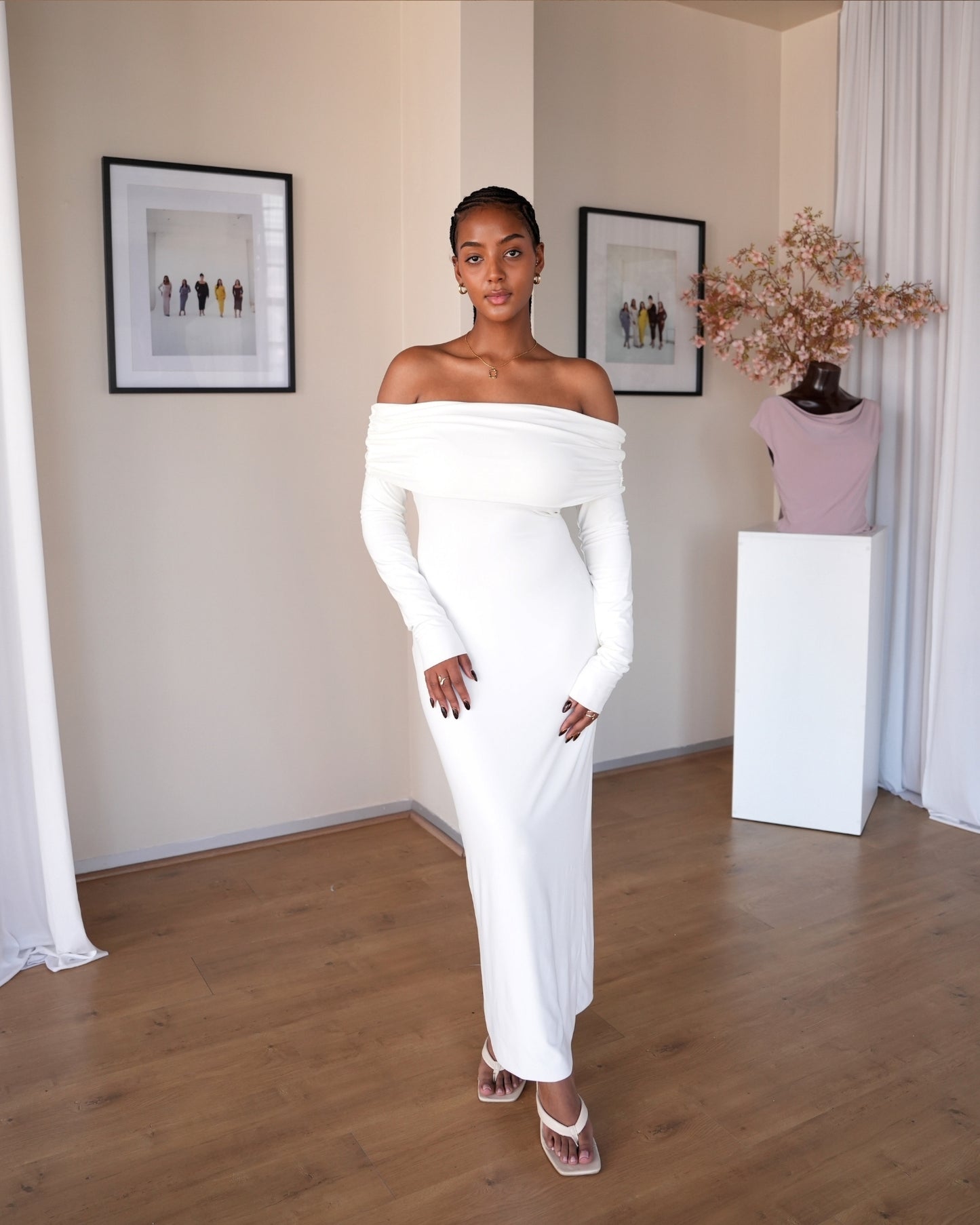 L | Cream Bardot Sculpted Dress with Long Sleeves