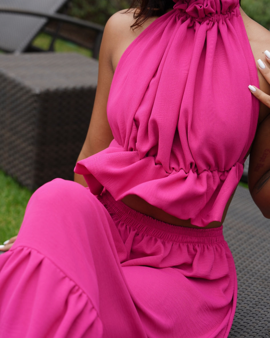 M | Magenta Ruffle Halter Neck Top