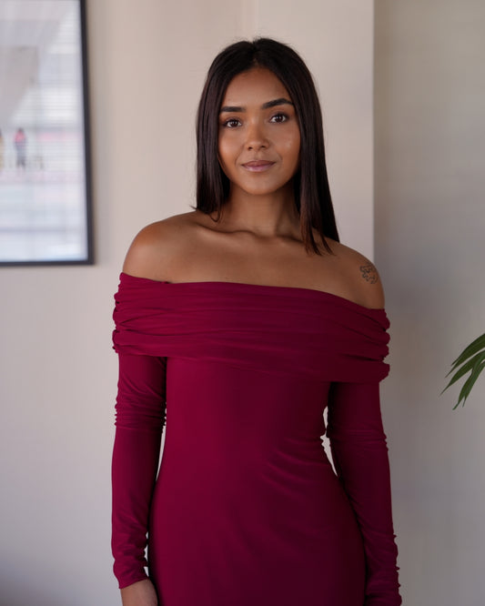S | Maroon Bardot Sculpted Dress with Long Sleeves