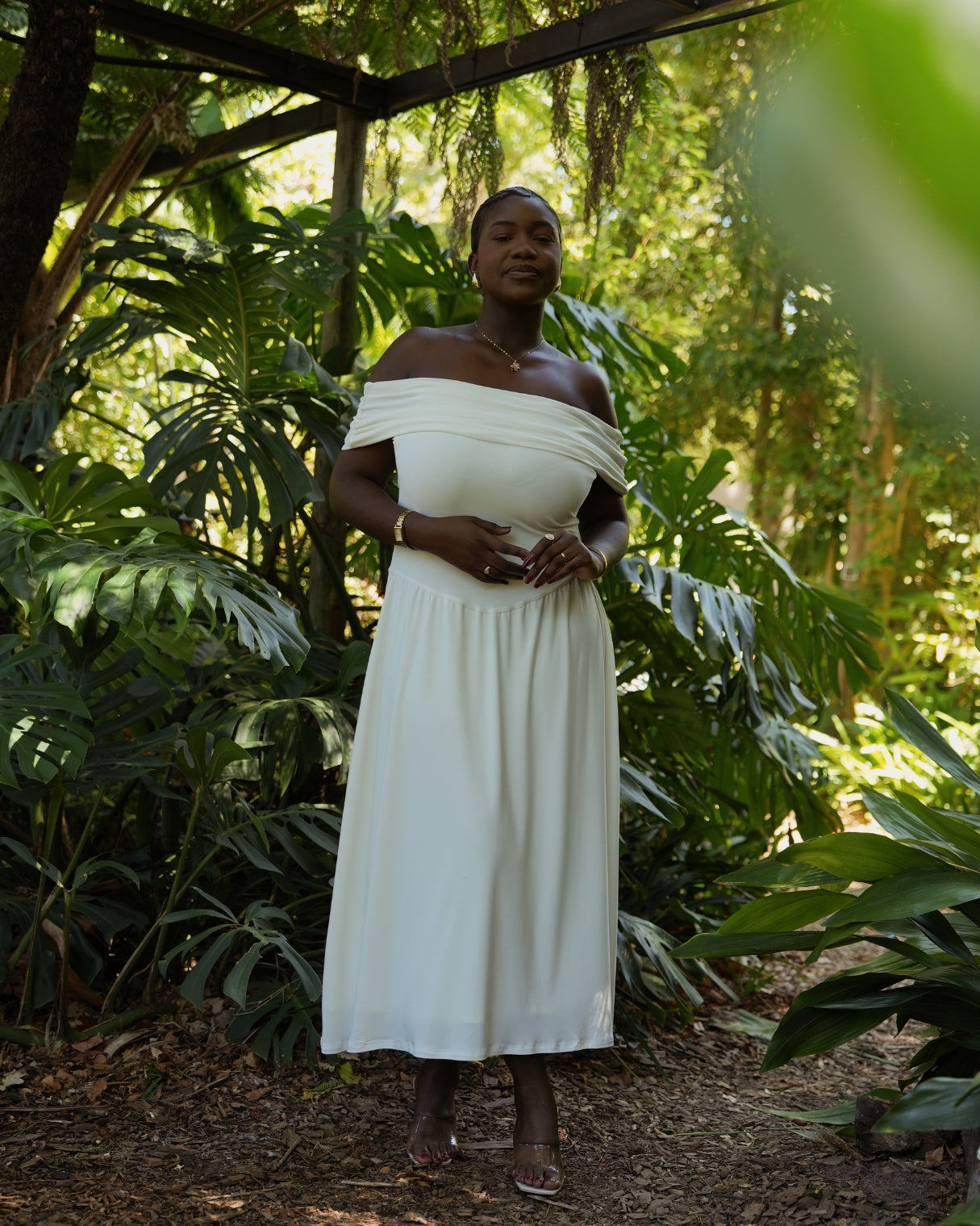 L | Cream Off-Shoulder Drop Waist Dress