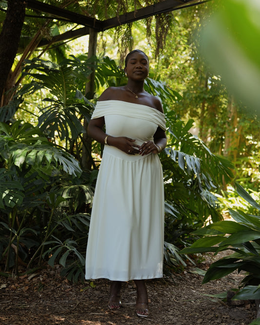 M | Cream Off-Shoulder Drop Waist Dress