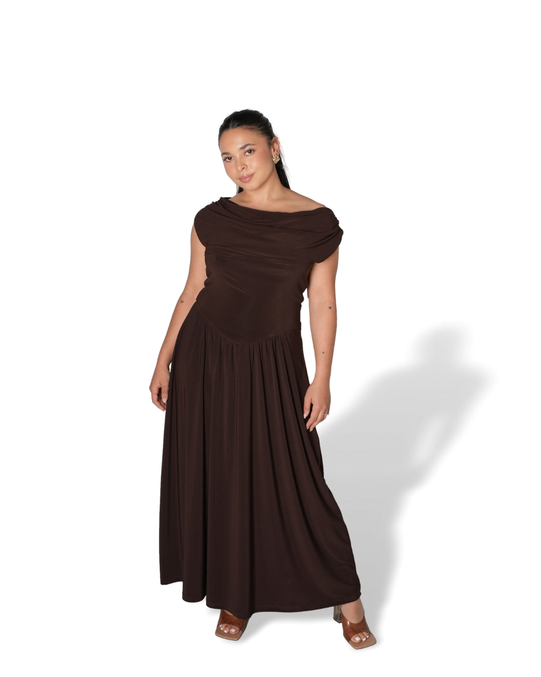 Chocolate Brown Cowl Neck Drop Waist Midi Dress