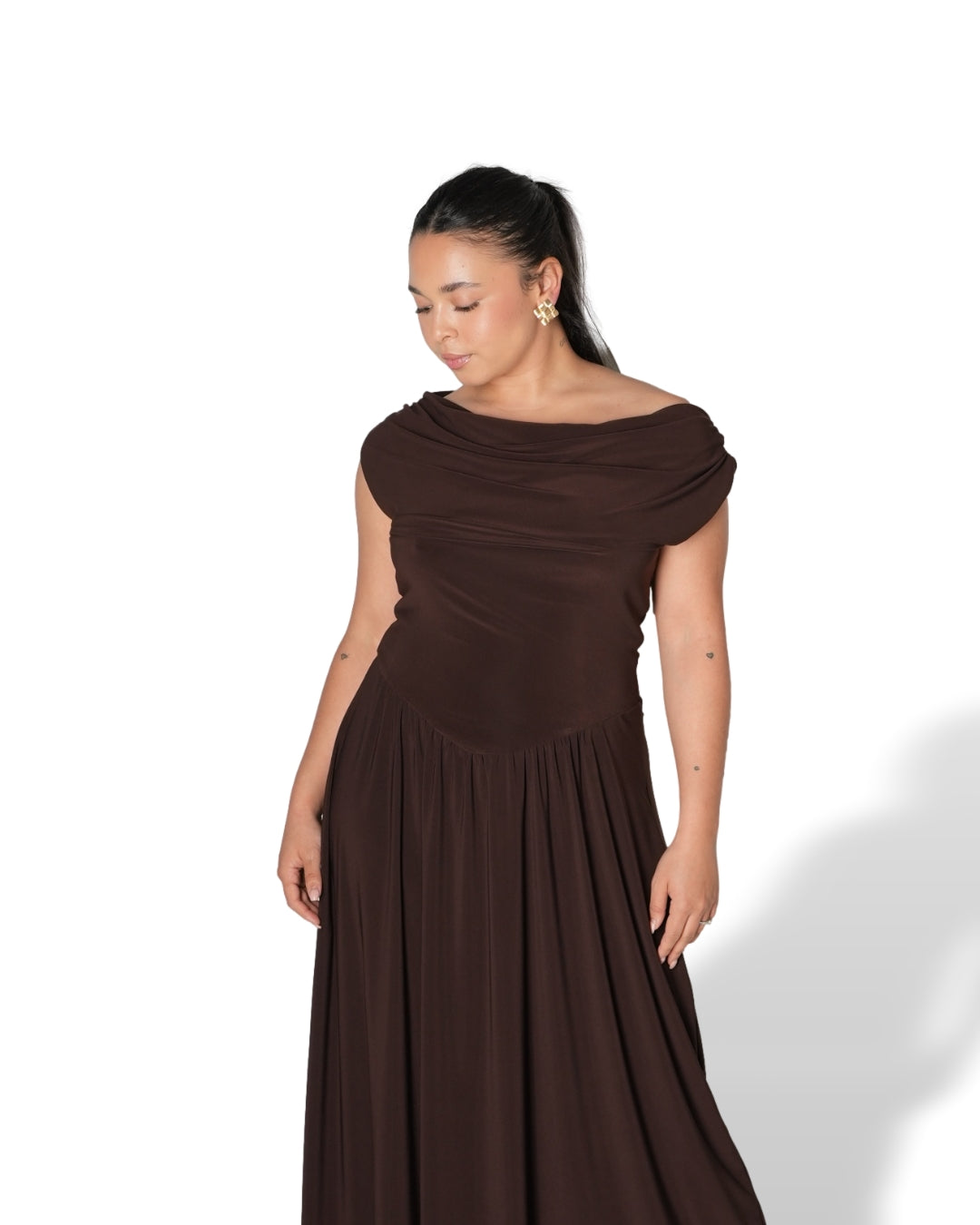 Chocolate Brown Cowl Neck Drop Waist Midi Dress