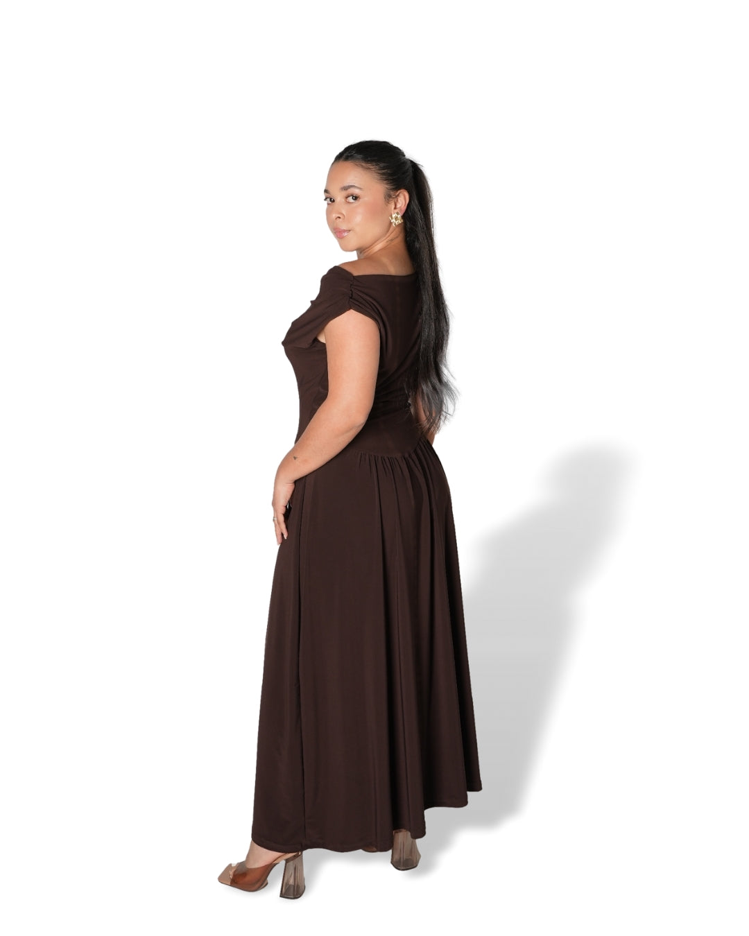 Chocolate Brown Cowl Neck Drop Waist Midi Dress