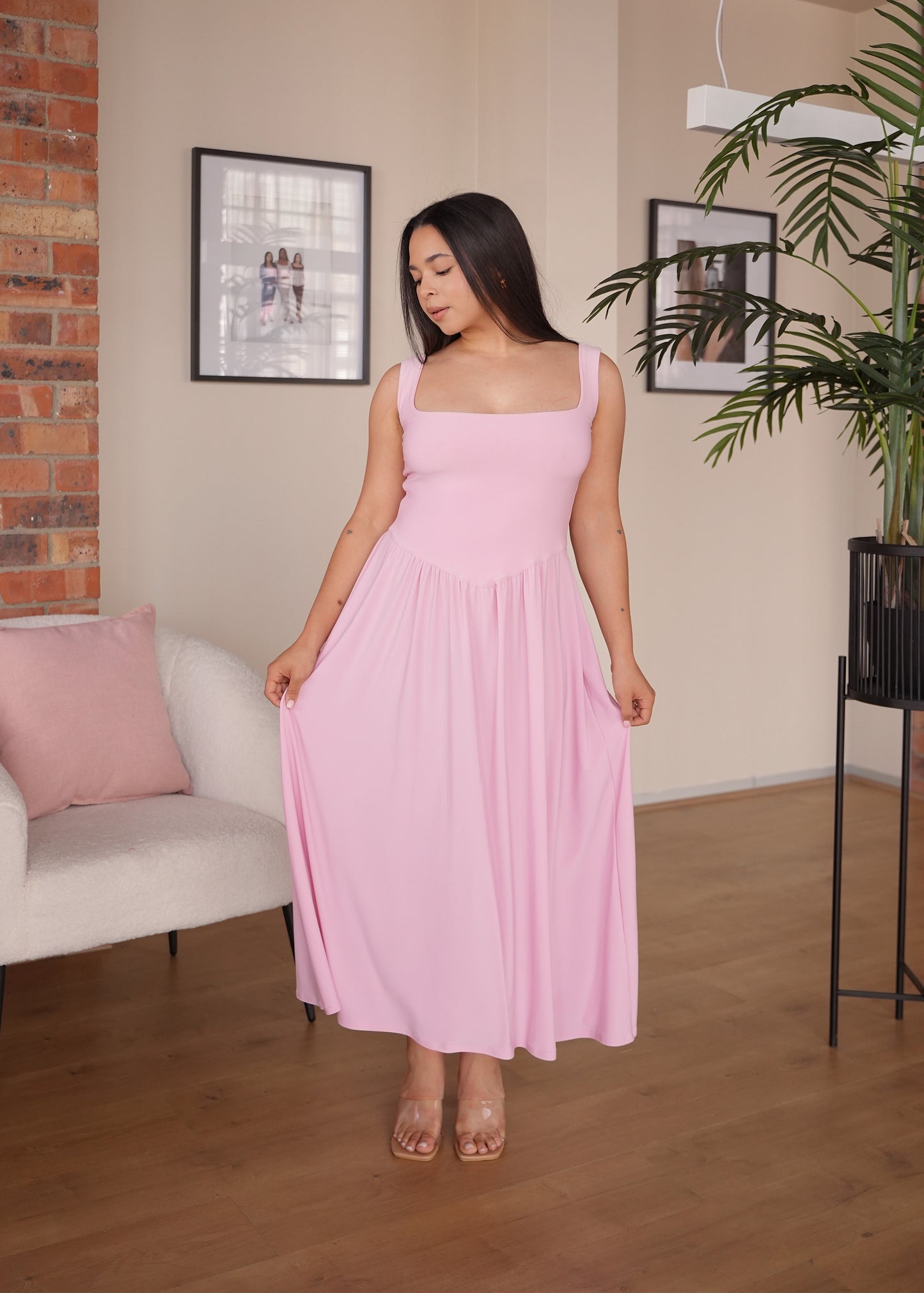 XL | Bright Baby Pink Tank-Style Drop Waist Midi Dress