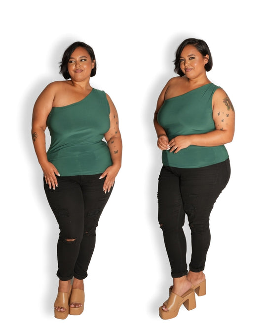 Extra Large: Deep Green One Shoulder Top