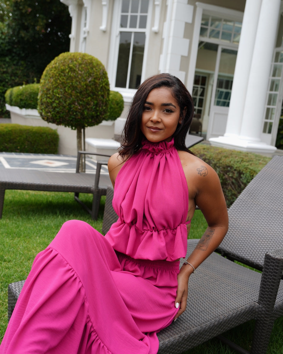 M | Magenta Ruffle Halter Neck Top