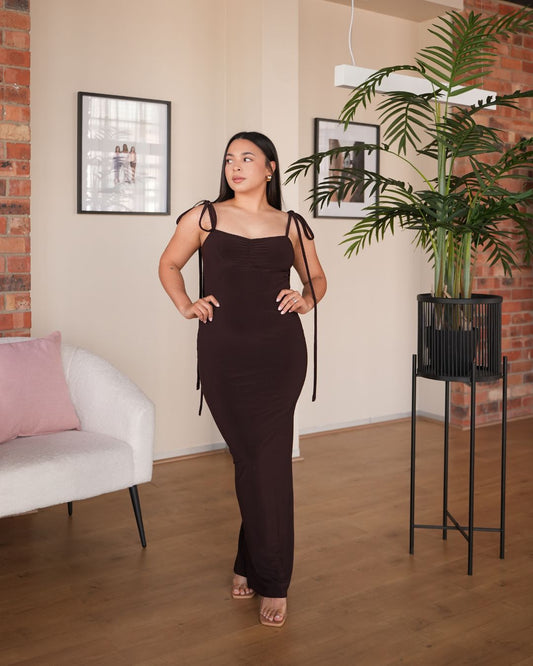 L | Chocolate Brown Bow Tie Evening Dress: Extra length (150cm)