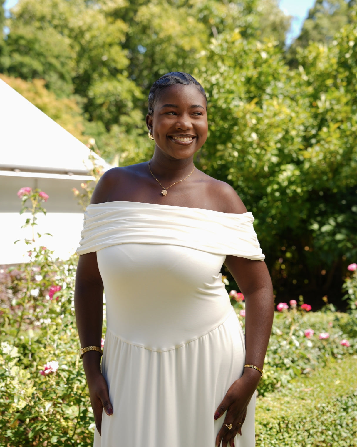 Cream Off-Shoulder Drop Waist Dress