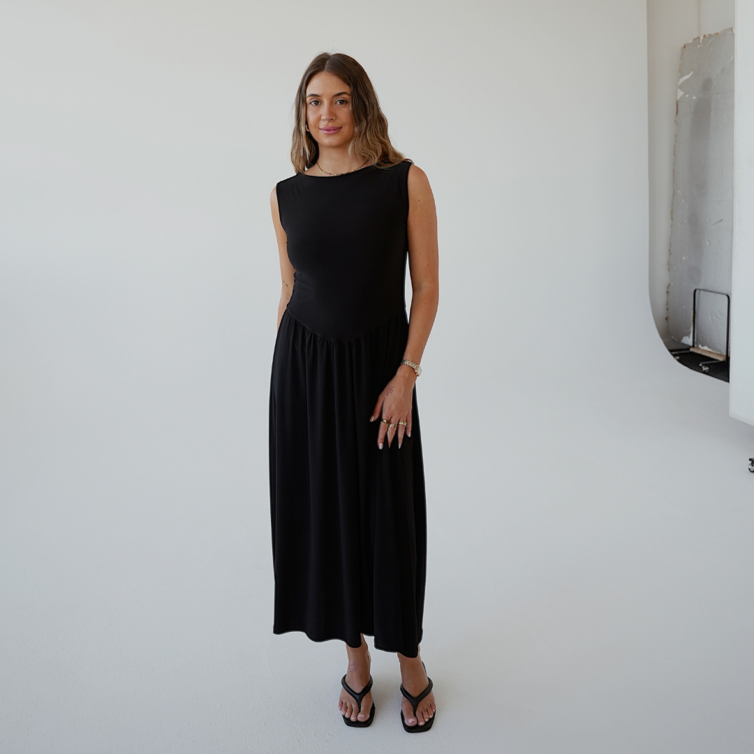 Black Boat Neck Drop Waist Midi Dress – The Shopaholic