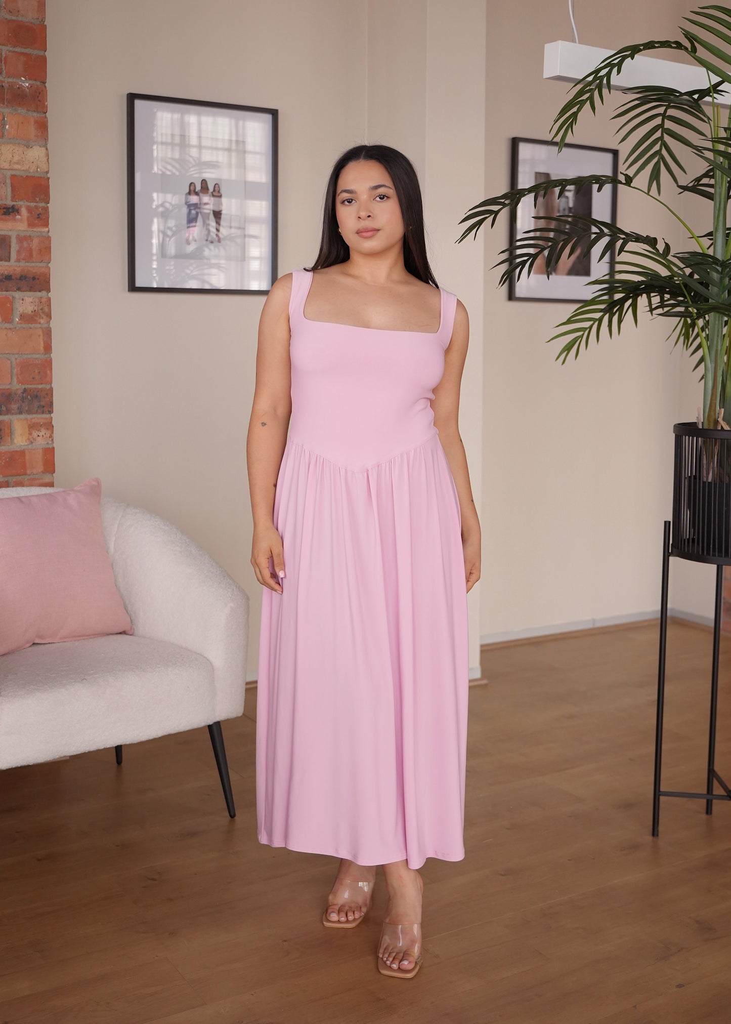 XL | Bright Baby Pink Tank-Style Drop Waist Midi Dress