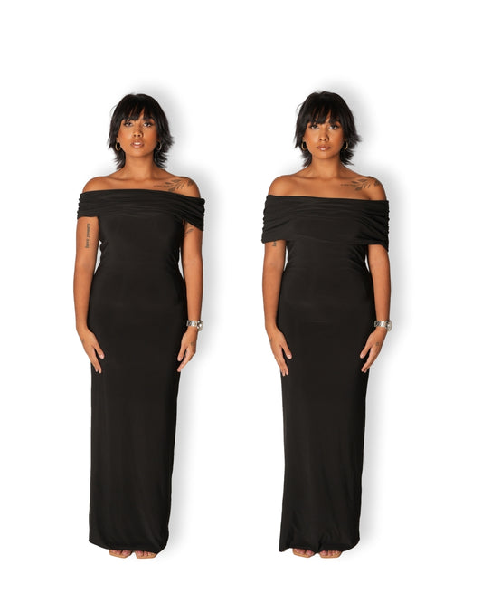 S | Black Off-shoulder Bardot Sculpted Dress: Extra Length (150cm)