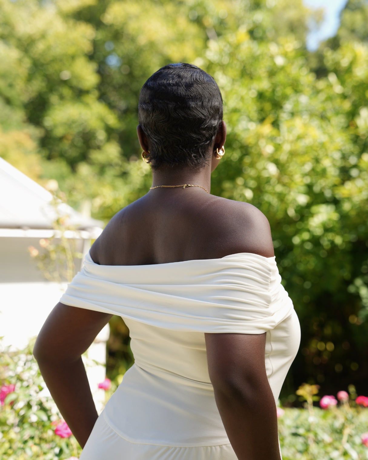 Cream Off-Shoulder Drop Waist Dress