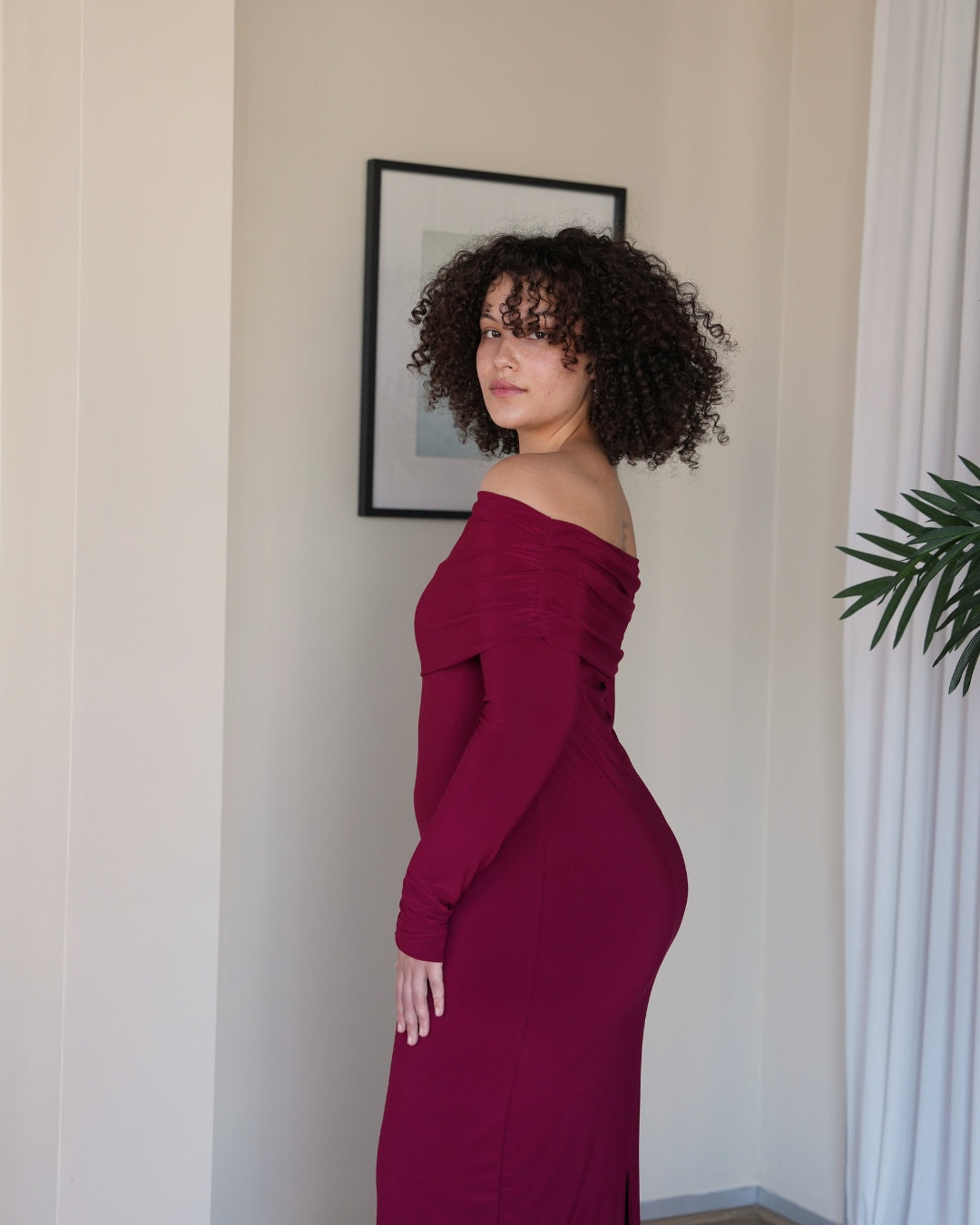 L | Maroon Bardot Sculpted Dress with Long Sleeves