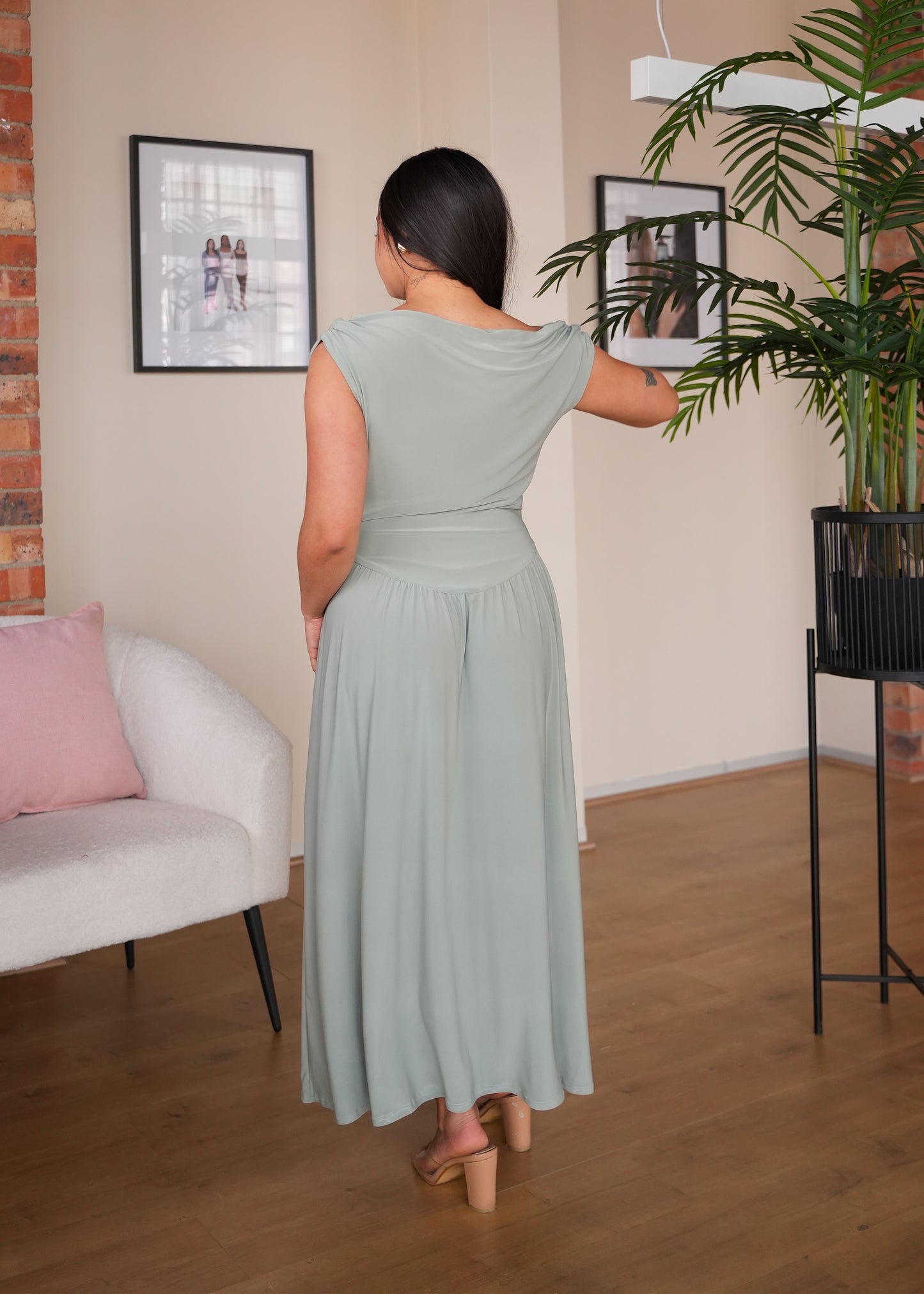 S | Mint Cowl Neck Drop Waist Midi Dress