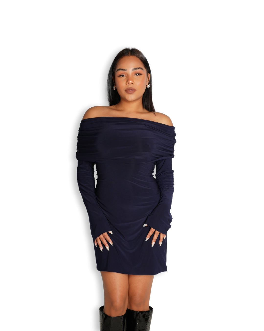 S | Navy Blue Mini Bardot Sculpted Dress