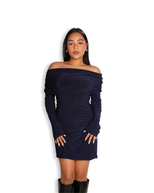 S | Navy Blue Mini Bardot Sculpted Dress