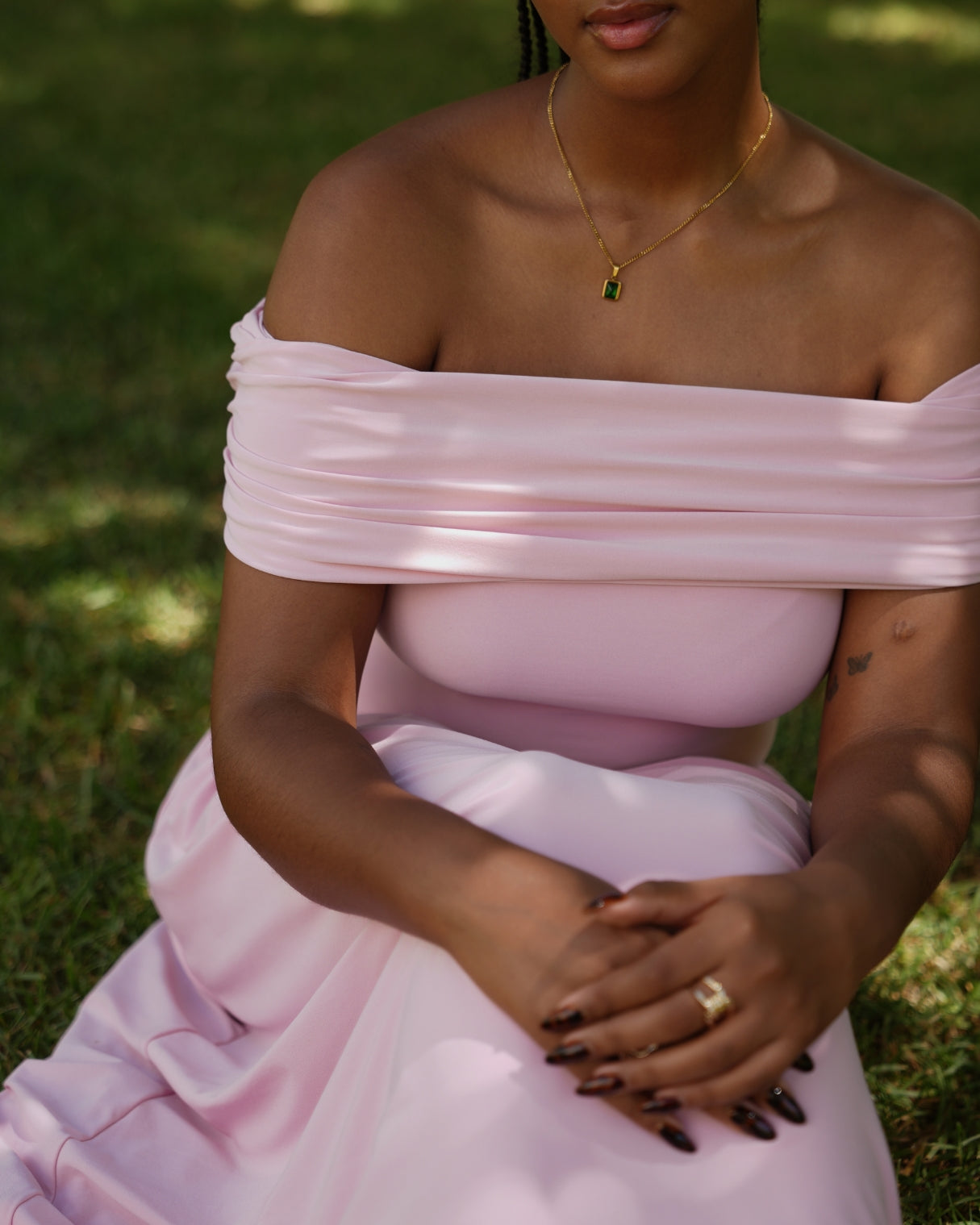 S | Baby Pink Off-Shoulder Drop Waist Dress