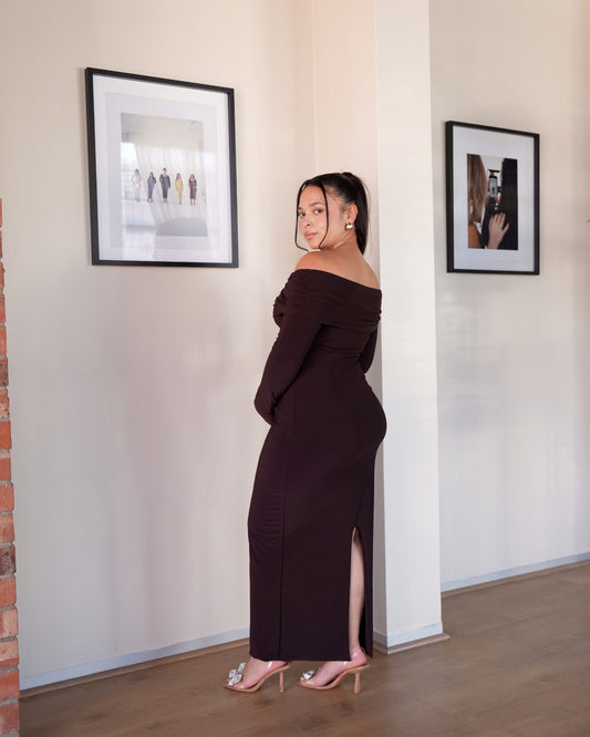 L | Chocolate Brown Bardot Sculpted Dress with Long Sleeves