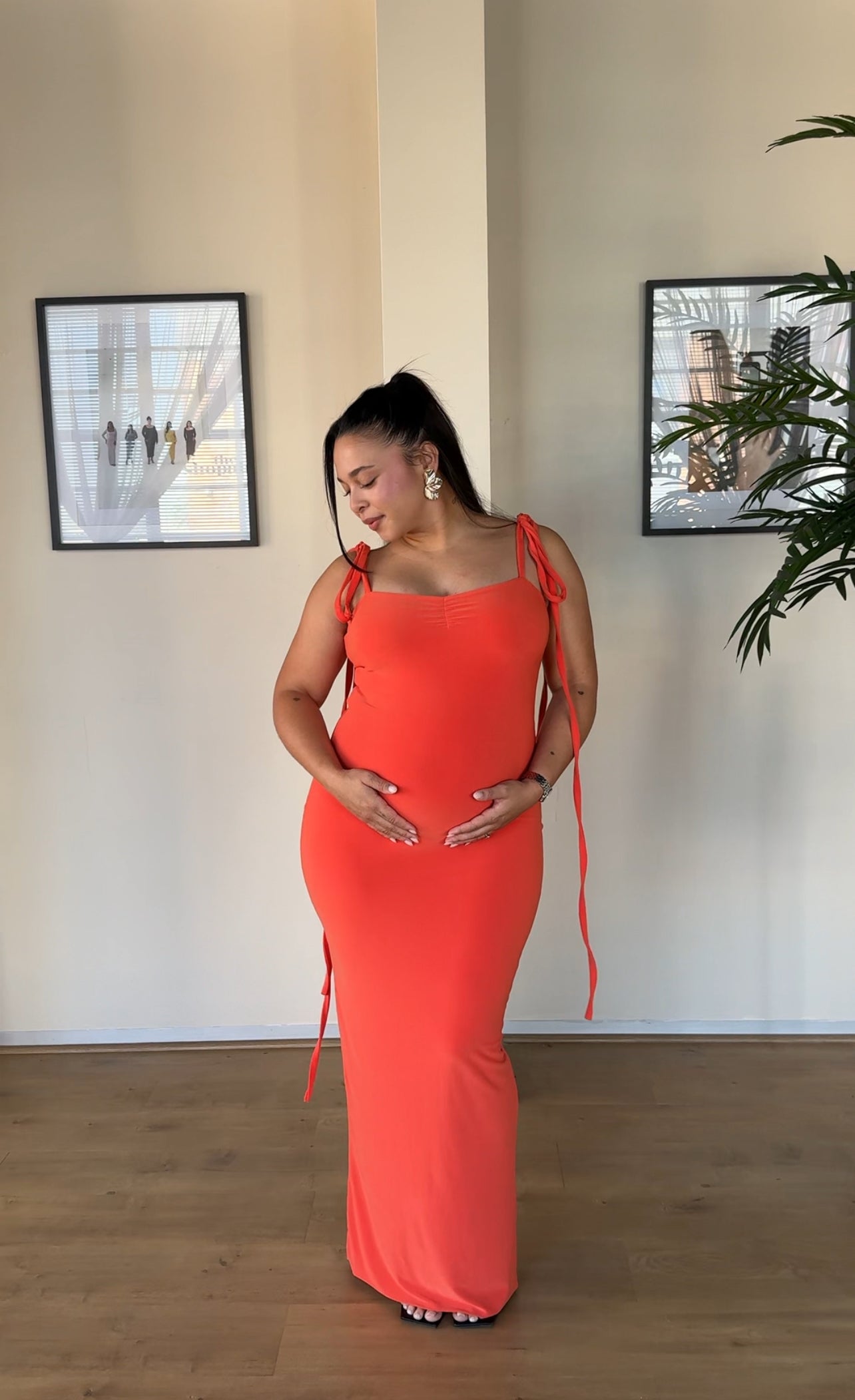 S | Bright Orange Bow Tie Evening Dress: Tall