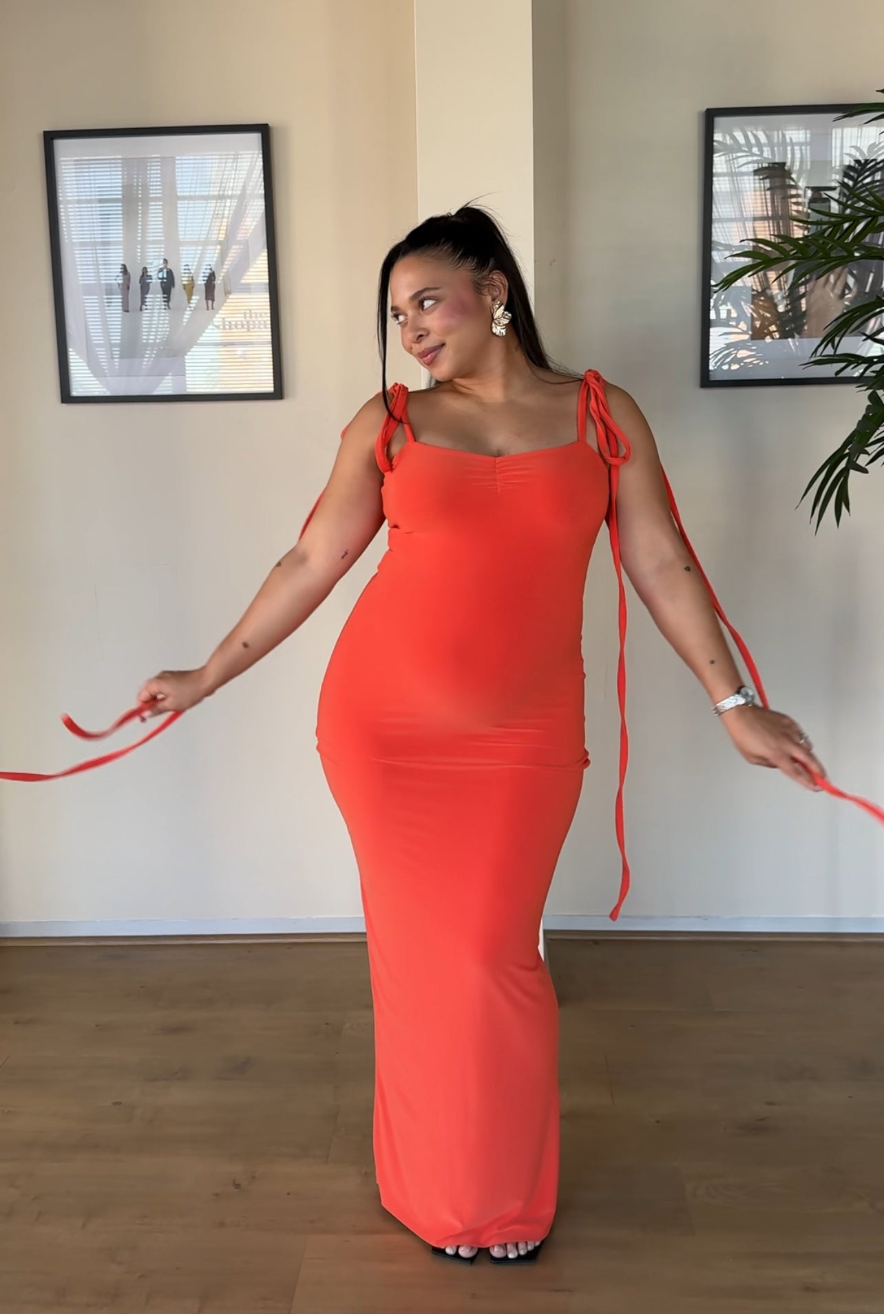 S | Bright Orange Bow Tie Evening Dress: Tall