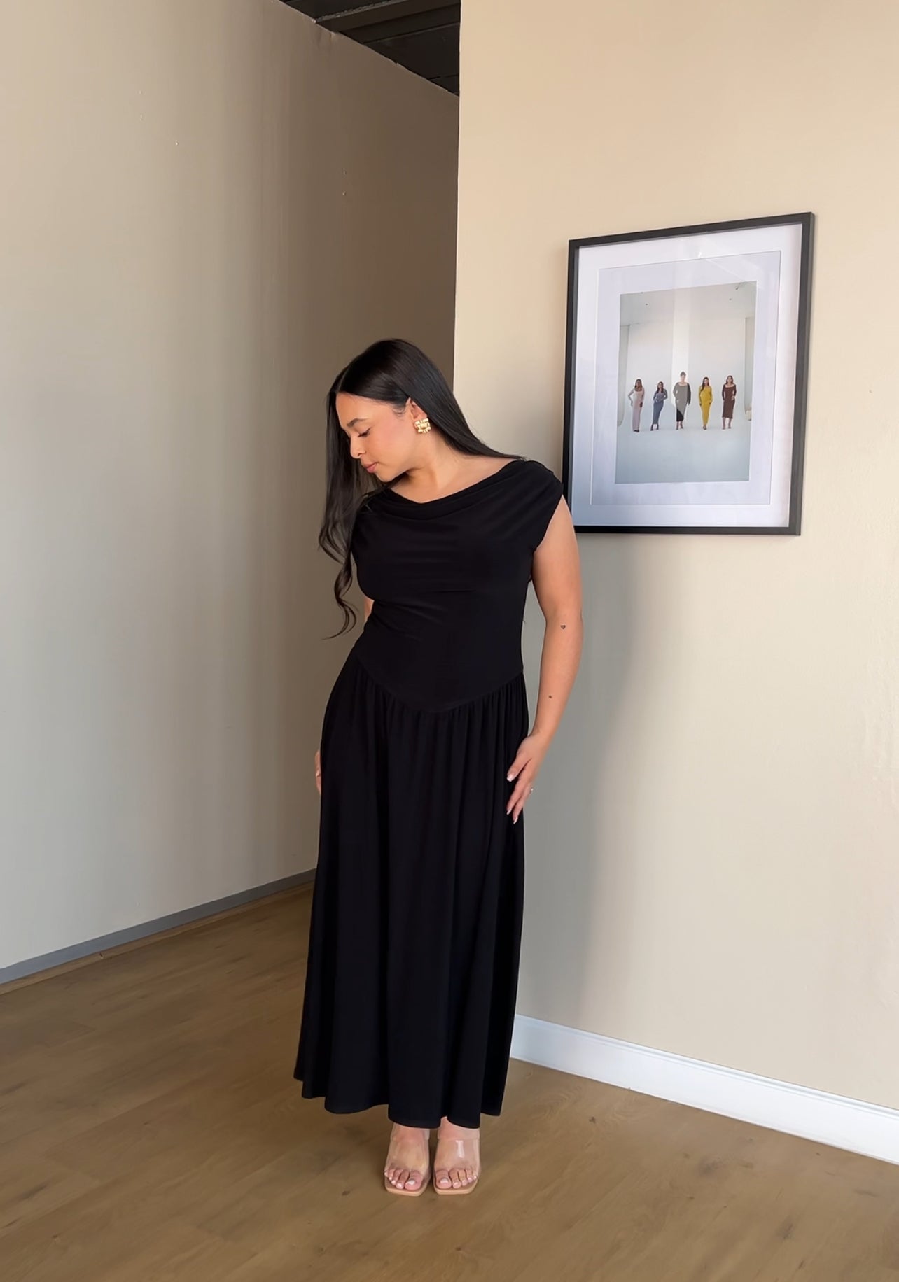 M | Black Cowl Neck Drop Waist Midi Dress
