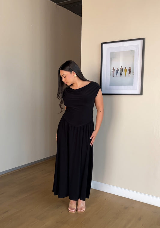 M | Black Cowl Neck Drop Waist Midi Dress