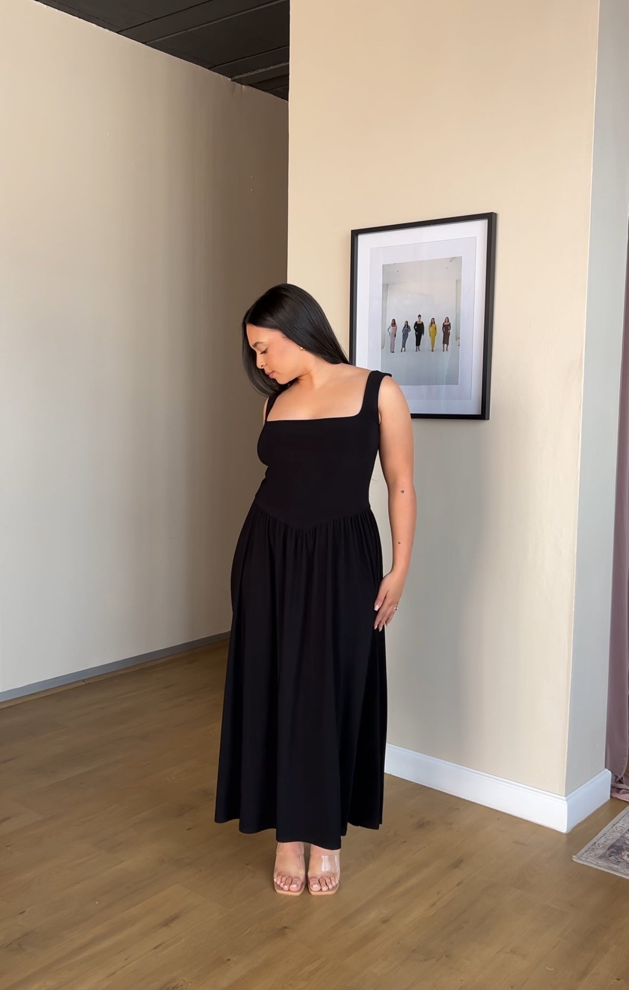 XS | Black Tank-Style Drop Waist Midi Dress
