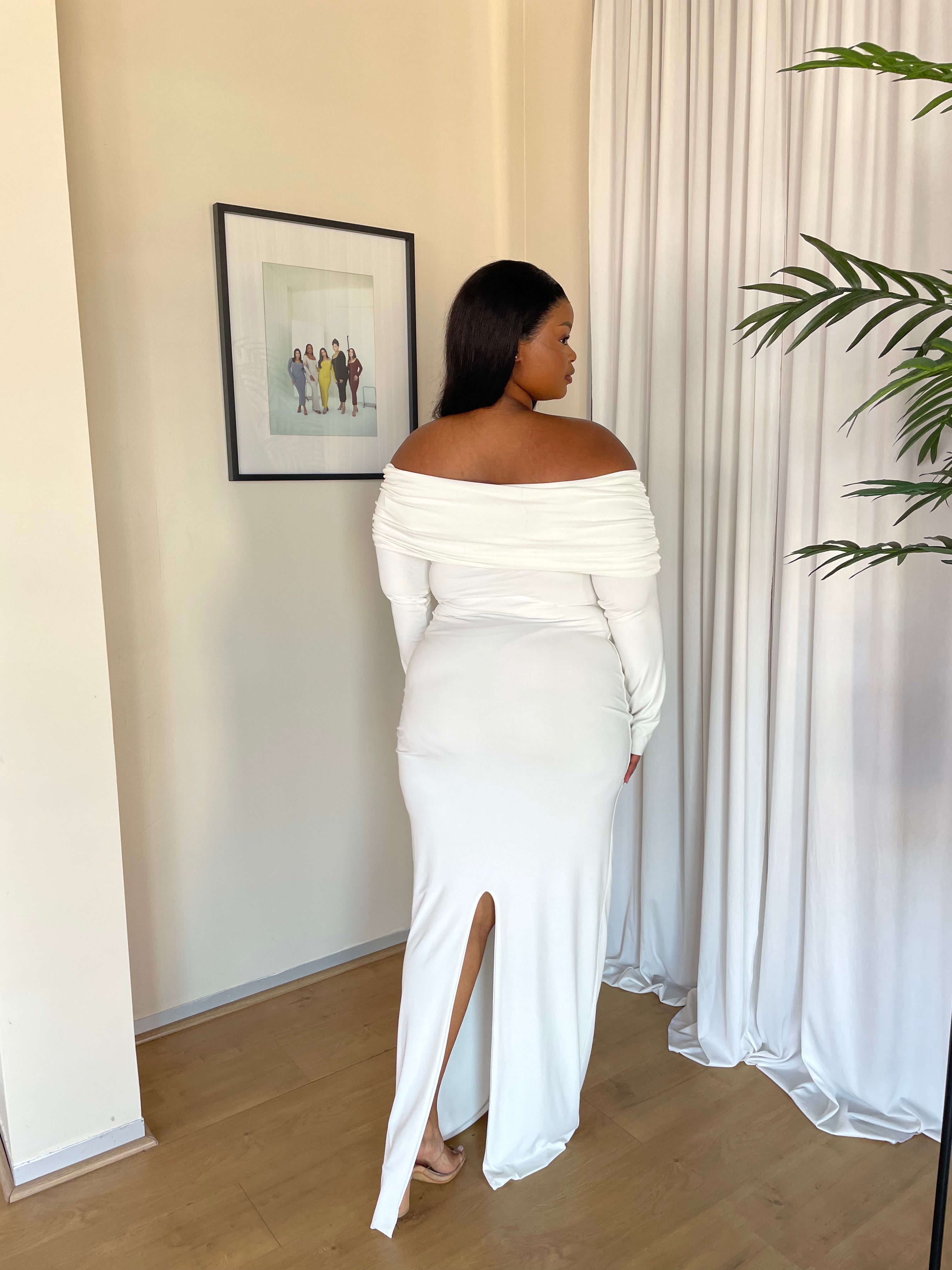 XL | Cream Bardot Sculpted Dress with Long Sleeves: Extra Length (160cm)