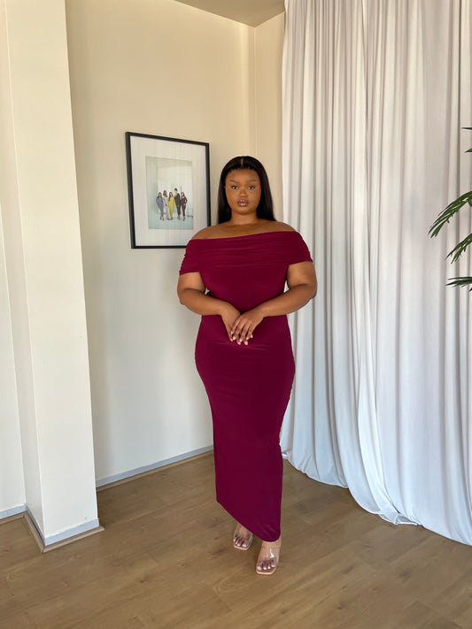 XL | Dark Maroon Off-shoulder Bardot Sculpted Dress