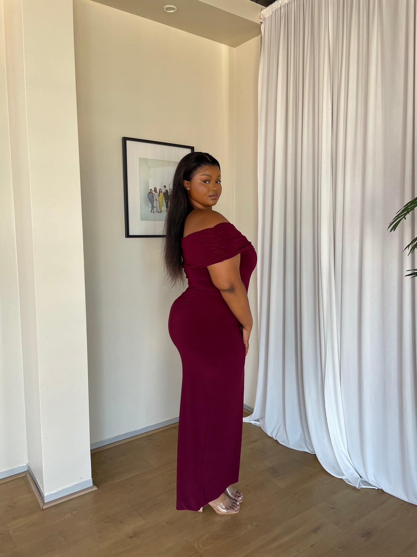 XL | Dark Maroon Off-shoulder Bardot Sculpted Dress