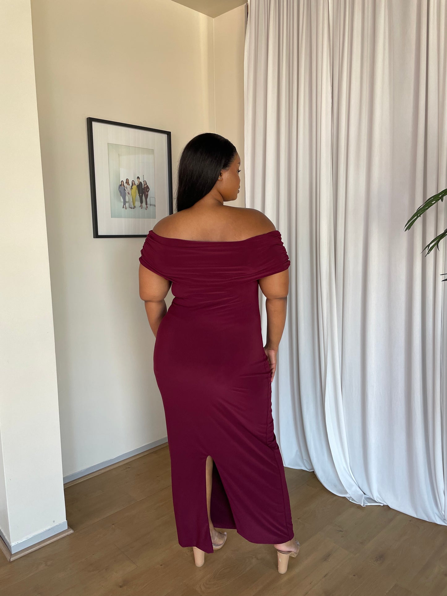 XL | Dark Maroon Off-shoulder Bardot Sculpted Dress