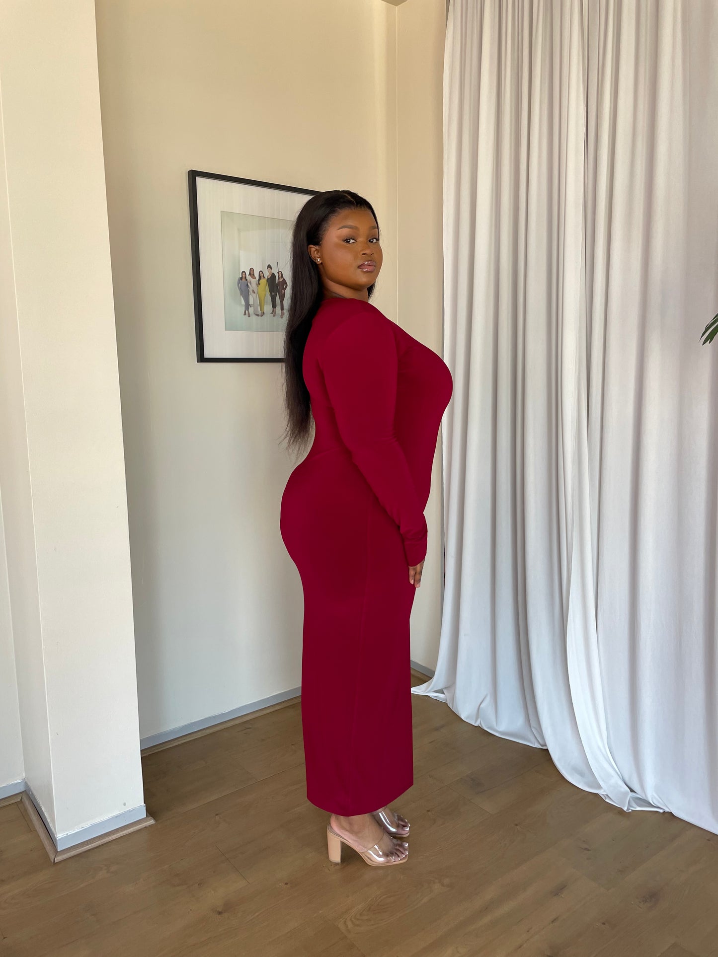 XL | Maroon Crew-Neck Sculpted Dress with Long Sleeves